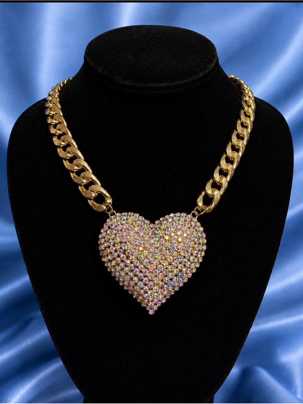 Necklace Gold-Tone Crystal Heart Chunky Statement Aurora Borealis Stunning